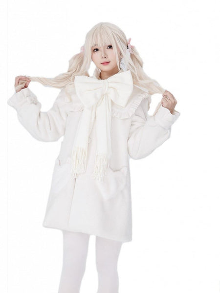 Winter + Heart-Shaped with and Sweet Collar Lolita White Bow Ruffled Pockets Scarf Coat FashionChic