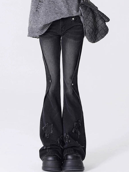 with Appliques Y2K Flare Blue/Black Jeans Star Silhouette FashionChic