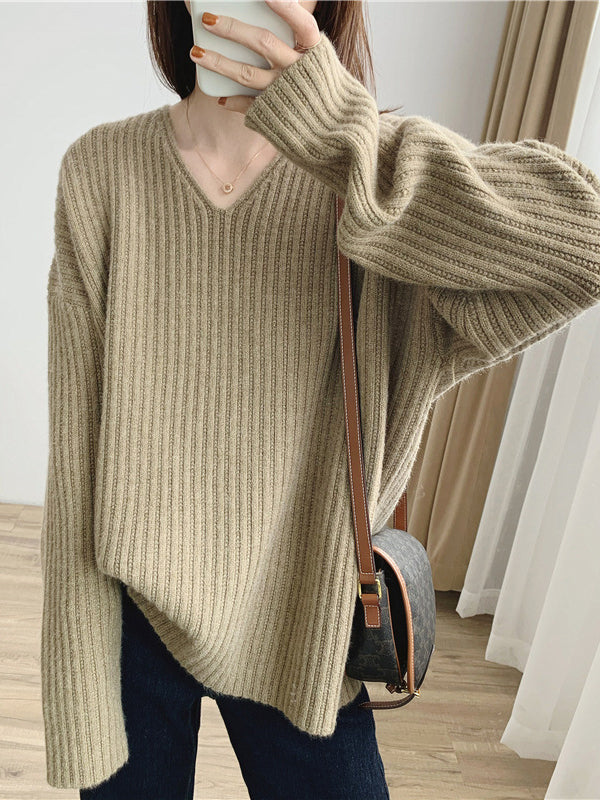 Vintage Caramel V-Neck Long Sleeves Striped Knit Sweater QX001 shopify