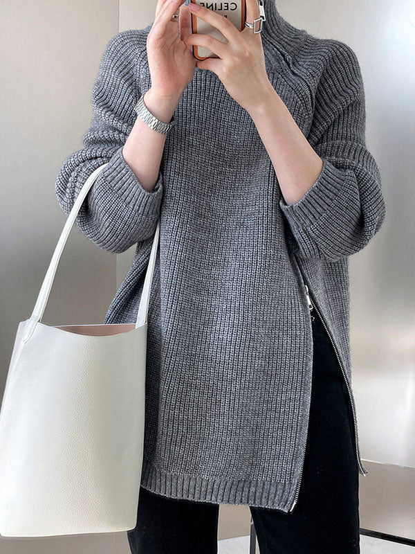 Urban Grey Halter-Neck Split-Side Zip-up Long Sleeve Sweater AN1033 Genistyle Shop