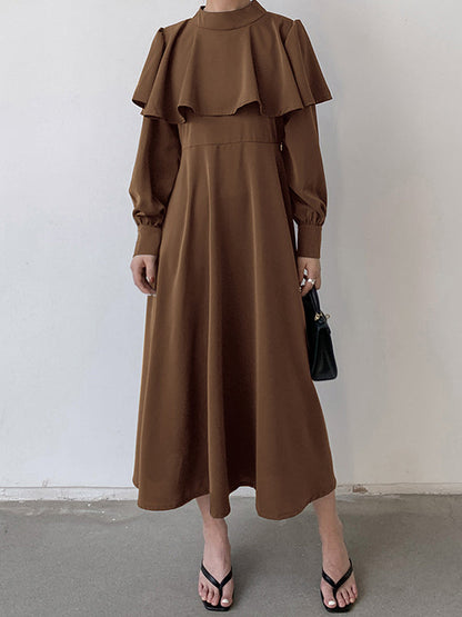 Ruffle Waist Long Mock Tied A-Line Elegant Trim Neck Coffee FashionChic