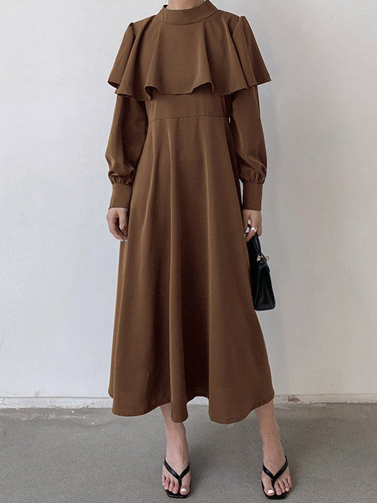 Ruffle Waist Long Mock Tied A-Line Elegant Trim Neck Coffee FashionChic