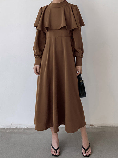 Ruffle Waist Long Mock Tied A-Line Elegant Trim Neck Coffee FashionChic