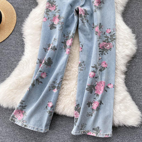 Women Blue Rose Print Wide Leg Denim Pants AR1016 shopify