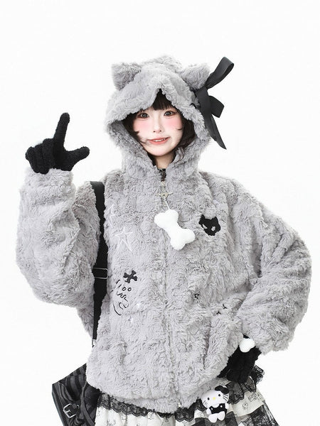 Hoodie Star Plush Bittersweet Pattern Black/Grey Jacket with FashionChic
