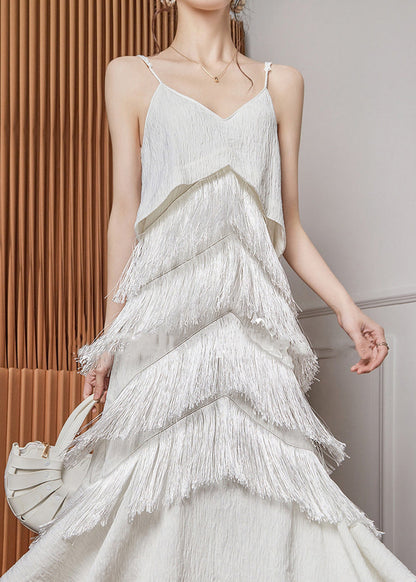 Strap Neck Sleeveless Spaghetti V Elegant Tasseled White Dress FashionChic