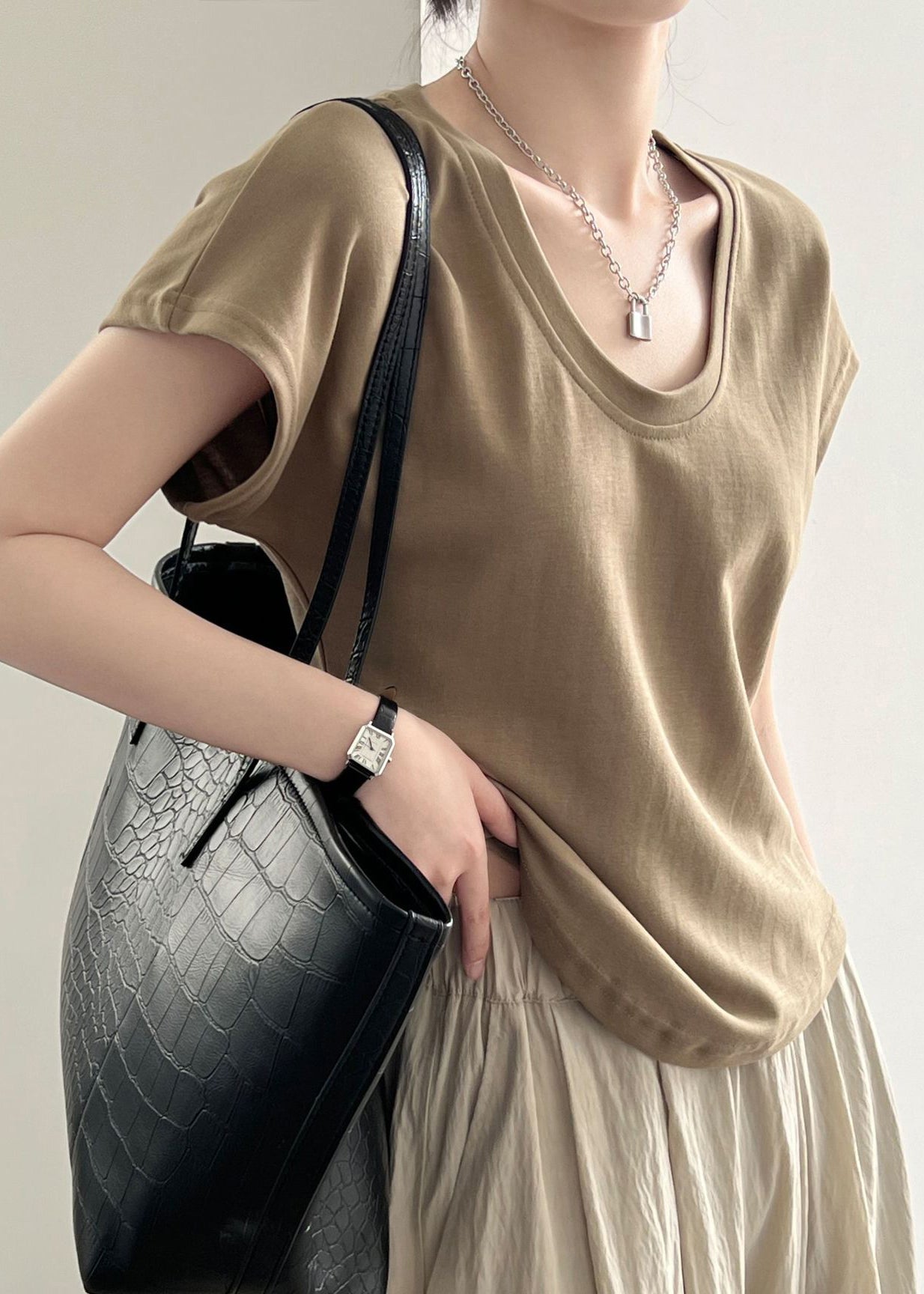 Summer Solid Simple Coffee T Neck O Shirt Cotton FashionChic