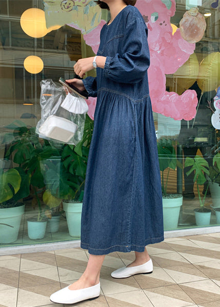 Casual Denim Blue O-Neck Wrinkled Patchwork Long Dress Spring TT1049 shopify