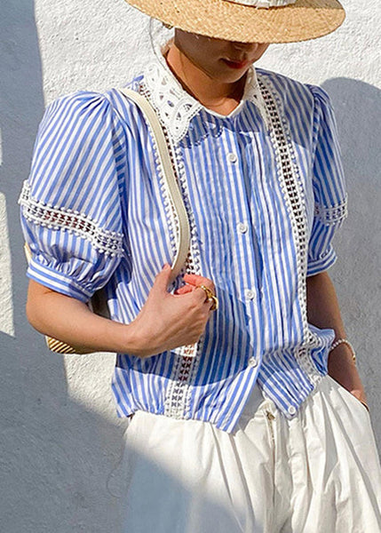 Out Blue Striped Cotton Summer Hollow Fashion Blouses FashionChic