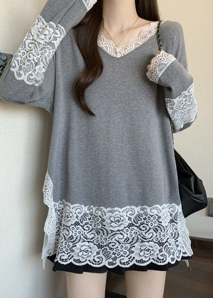 French Grey V Neck Lace Patchwork Cotton T Shirt Top Spring TW011 ABC