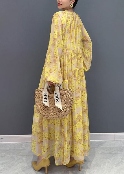 Plus Size Yellow V Neck Ruffled Print Chiffon Long Dresses Fall AO1069 JDML-FDL240909