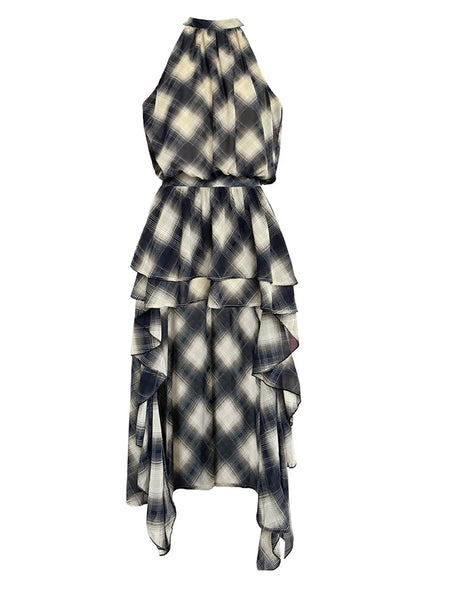 Asymmetric Khaki Plaid Neck Sleeveless Top High-Low Uniaue Halter FashionChic