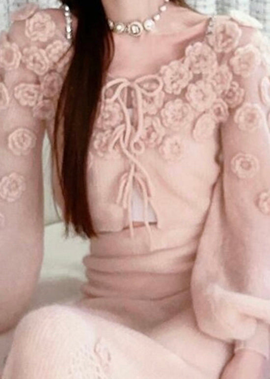 Beautiful Pink Floral Lace Up Knit Sweaters Fall RY014 ABC