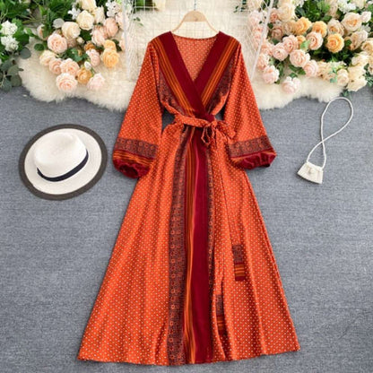 Vintage Brown V-neck Tie Waist Printed Long Puff Sleeve Dress AR1003 shopify