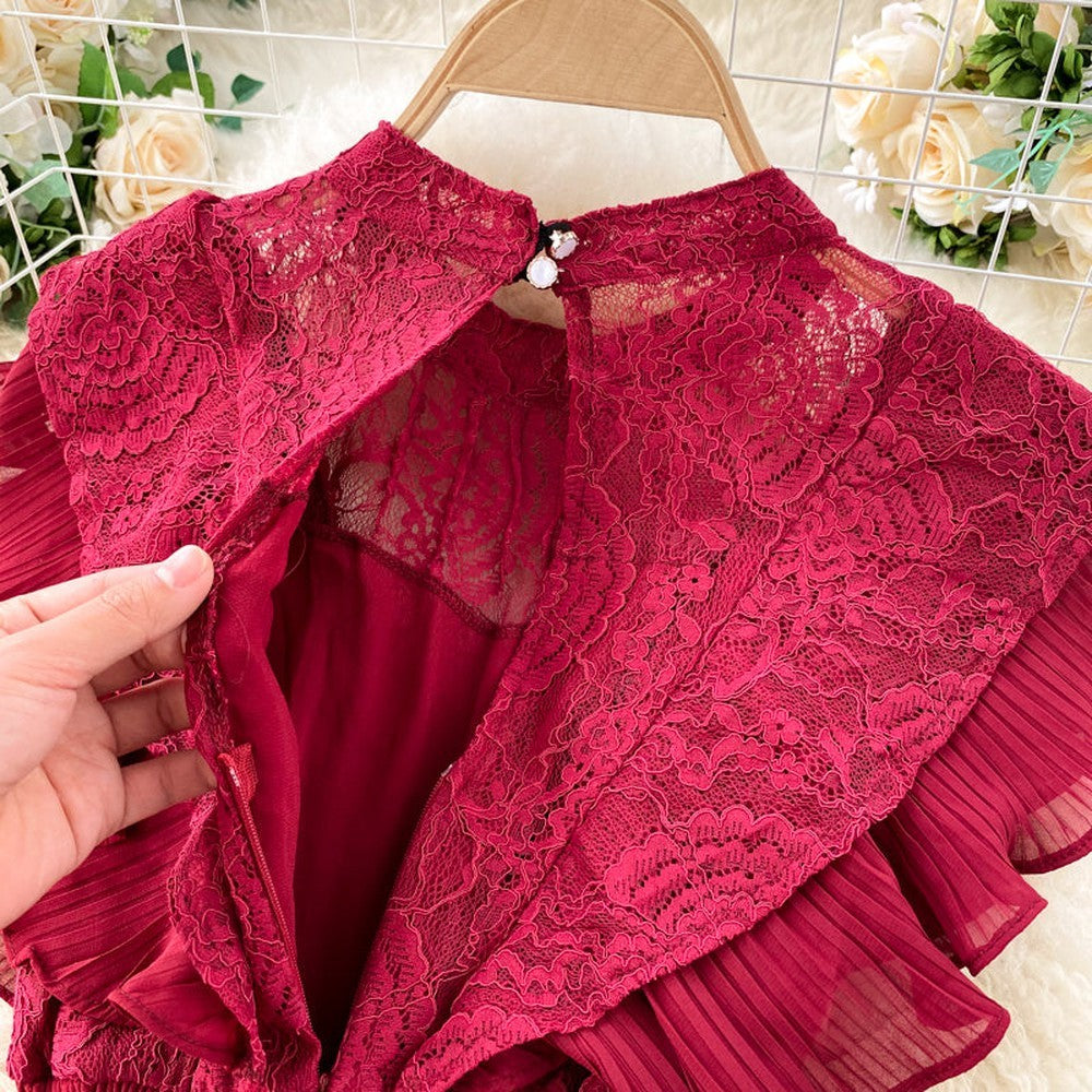 Temperament Olive Lace Ruffled Pleated Hem Flying Sleeve Dress AR1002 shopify