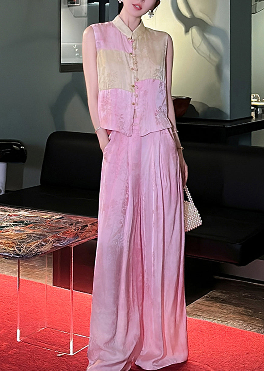 French Pink Button Waistcoat And Wide Leg Pants Silk Two Piece Set Sleeveless QP041 OL-TPIEC241001