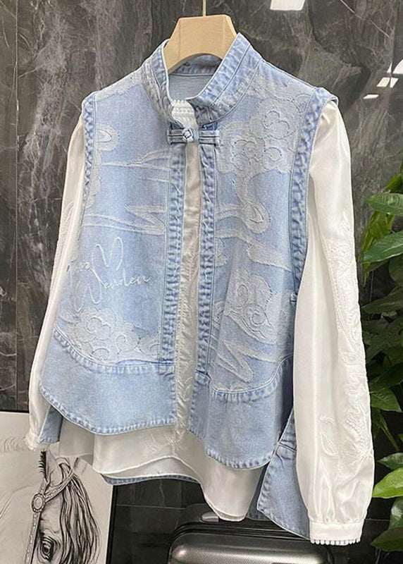 Chinese Style Blue Stand Collar Print Patchwork Low High Design Denim Waistcoat Summer NN035 shopify