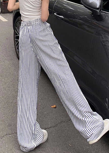 New Blue Striped Pockets Elastic Waist Cotton Pants Summer NN003 shopify
