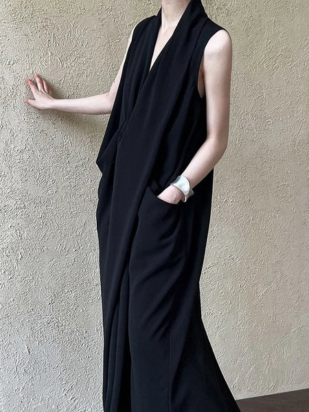 Pockets with Draped Sleeveless Dress Elegant Midi FashionChic