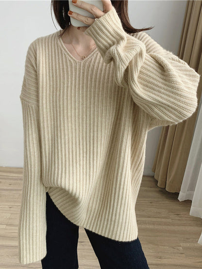 Vintage Caramel V-Neck Long Sleeves Striped Knit Sweater QX001 shopify