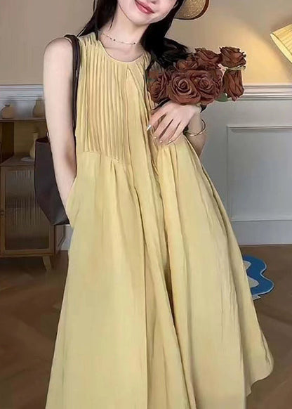 Elegant Yellow O Neck Pockets Cotton Long Dress Sleeveless TT1048 shopify