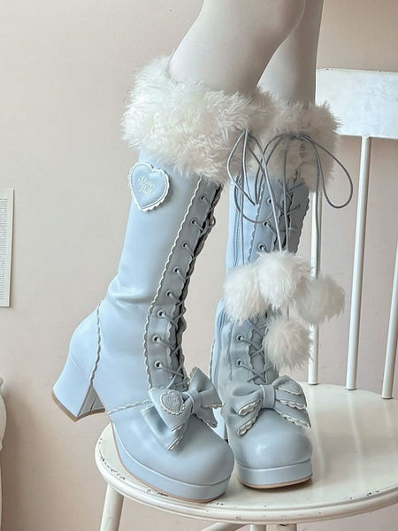 Blue in Plush Knee-Highs Mid-heel Cuff PU with FashionChic