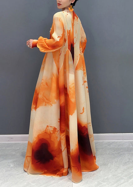 Chic Chiffon Stand Spring Long Orange Dress Wrinkled Collar FashionChic