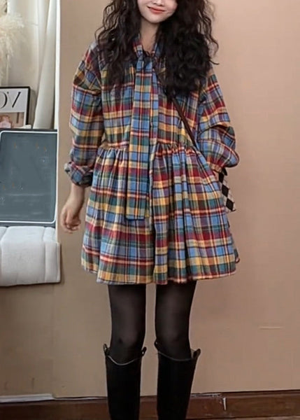 Tie Woolen Dress New Waist Shirts Plaid Wrinkled Spring FashionChic