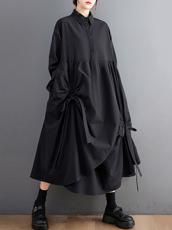 Stylish Black Lapel Buttoned Drawstring Pleated Tied Pockets Sleeves Shirt Dress WS004 shopify