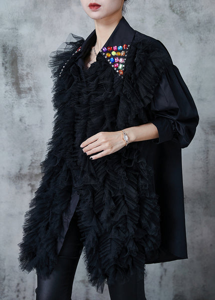 Italian Black Ruffled Patchwork Gemstone Cotton Blouses Fall PZGY-LTP240826