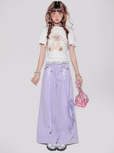 Outfit + Bow Purple - Bittersweet Pants White Details with Print Wide-leg T-shirt Puppy FashionChic