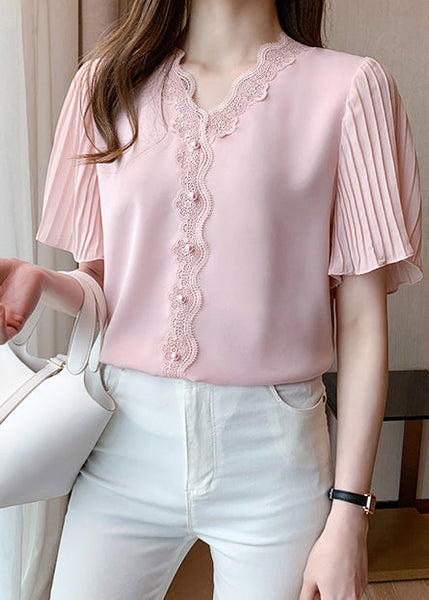 Italian Shirt Summer Bead Pink Lace Chiffon Nail Patchwork Top FashionChic