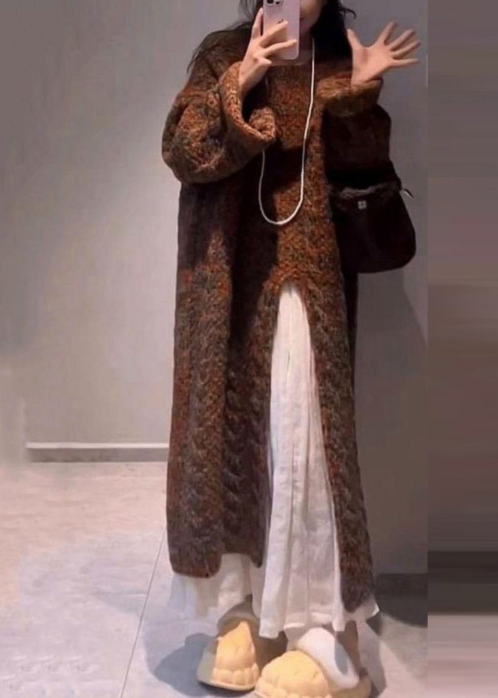 Handmade Coffee O-Neck Asymmetrical Cotton Knit Long Sweaters Winter WV024 ABC