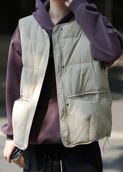 Women Khaki Green Zip Up Pockets Patchwork Duck Down Vest Sleeveless WD011 HS-VTP241103