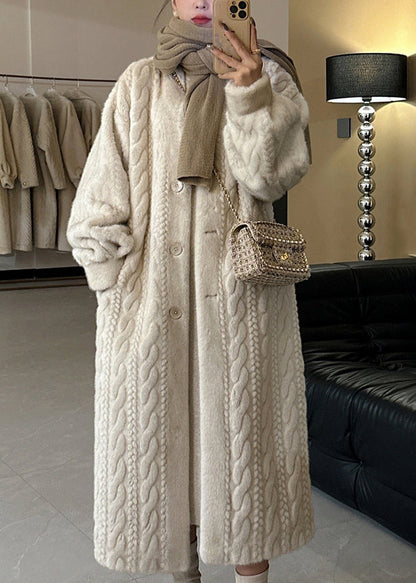 Casual Beige V Neck Button Mink Hair Leather And Fur Long Coats Winter WV022 ABC