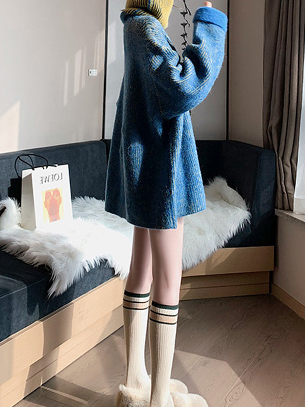 Design Loose Blue Contrast Color High-Neck Long Sleeve Sweater AN1054 Genistyle Shop