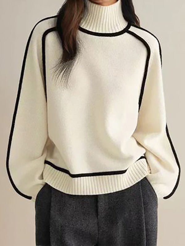 Original White High Neck Contrast Color Long Sleeve Sweater TW012 ABC