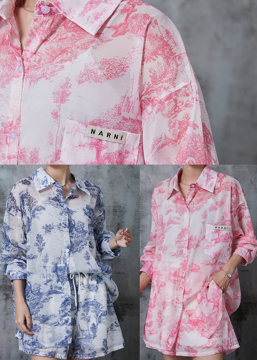 Simple Pink Oversized Print Chiffon Two Pieces Set Summer PZGY-TPIEC240826