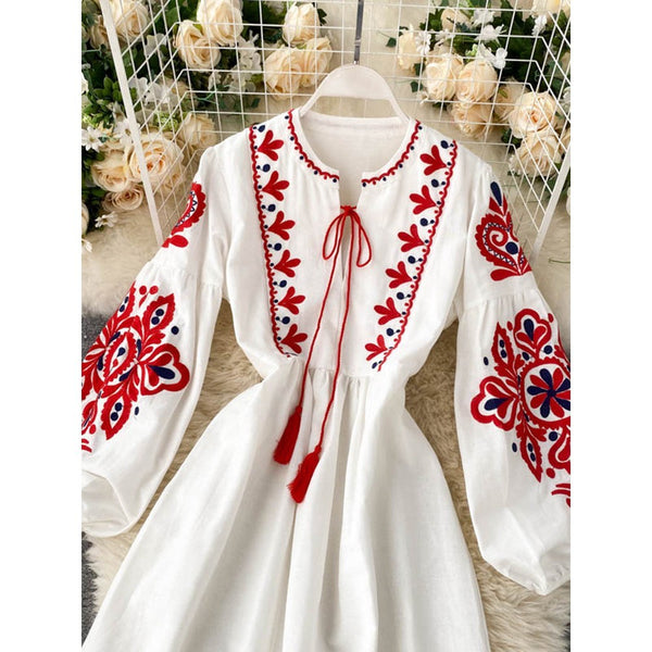 Bohemian Navy O-Neck Lacing Embroidered Flower Lantern Sleeve A-line Dress AR1011 shopify