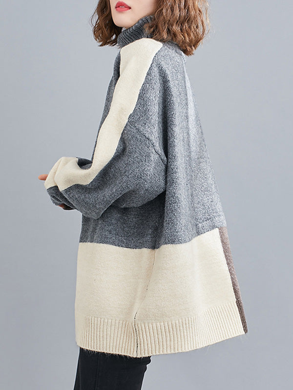 Stylish Grey High-Neck Color-block Long Sleeve Knit Sweater AN1043 Genistyle Shop