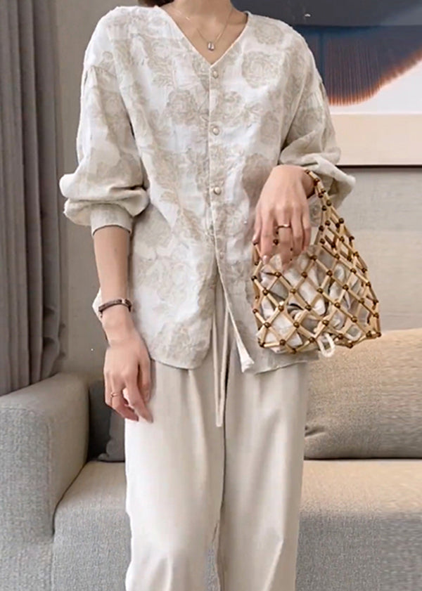 Neck Cotton Spring Apricot Button Jacquard V Casual Shirts FashionChic