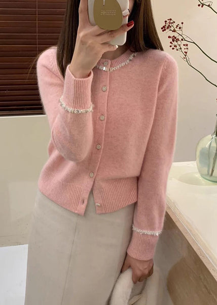 French Blue O Neck Handmade Nail Bead Knit Cardigan Fall QC039 shopify