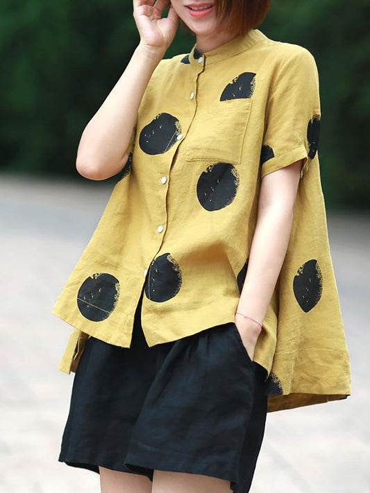 Dot Collar Stand Linen Polka Plus Cotton Size Shirt FashionChic