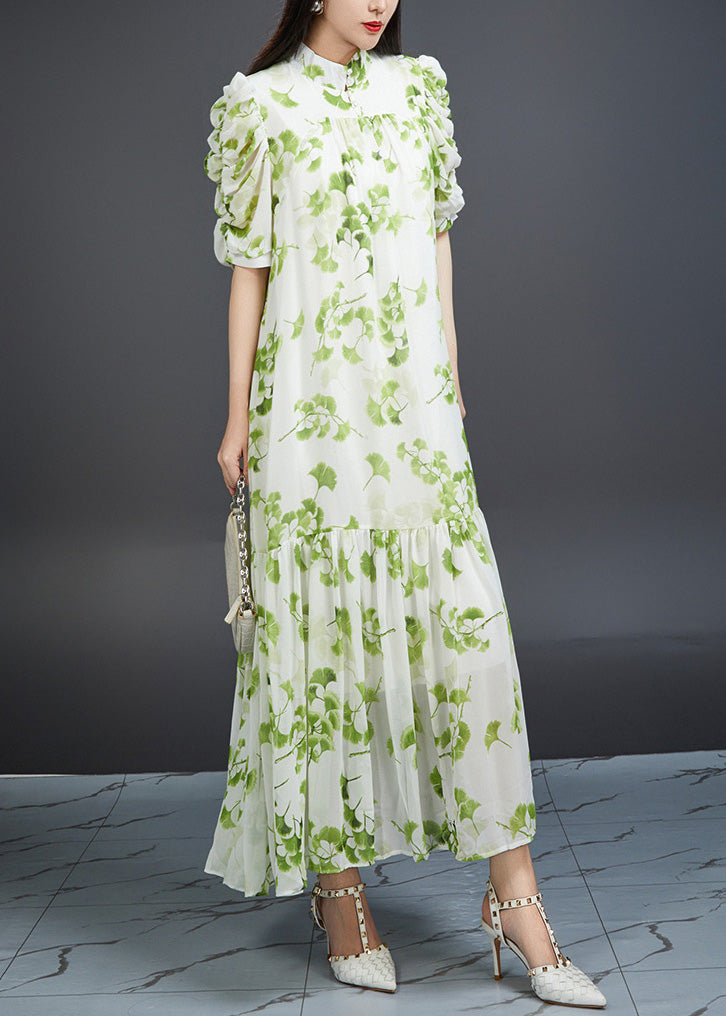 Bohemian Green Wrinkled Print Tie Waist Chiffon Dress Summer AJ1002 JDML-240909
