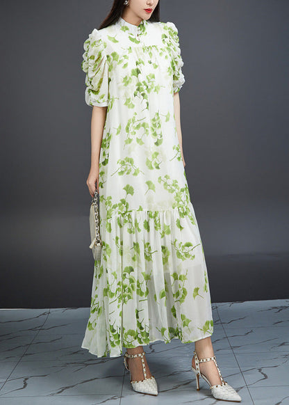 Bohemian Green Wrinkled Print Tie Waist Chiffon Dress Summer AJ1002 JDML-240909