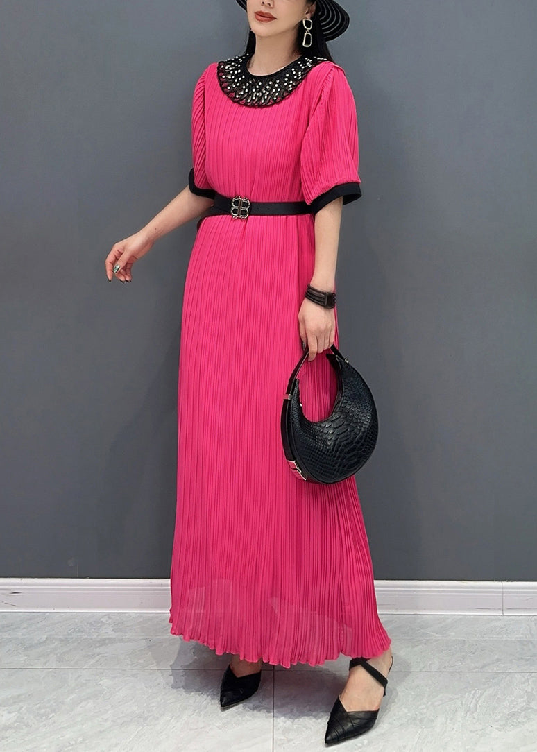 Style Red O-Neck Wrinkled Long Dress Short Sleeve AO1023 JDML-SDL240909