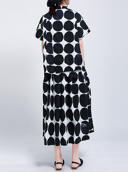 Pockets Neck Mock Black Polka-Dot Stylish High Buttoned Shirt FashionChic