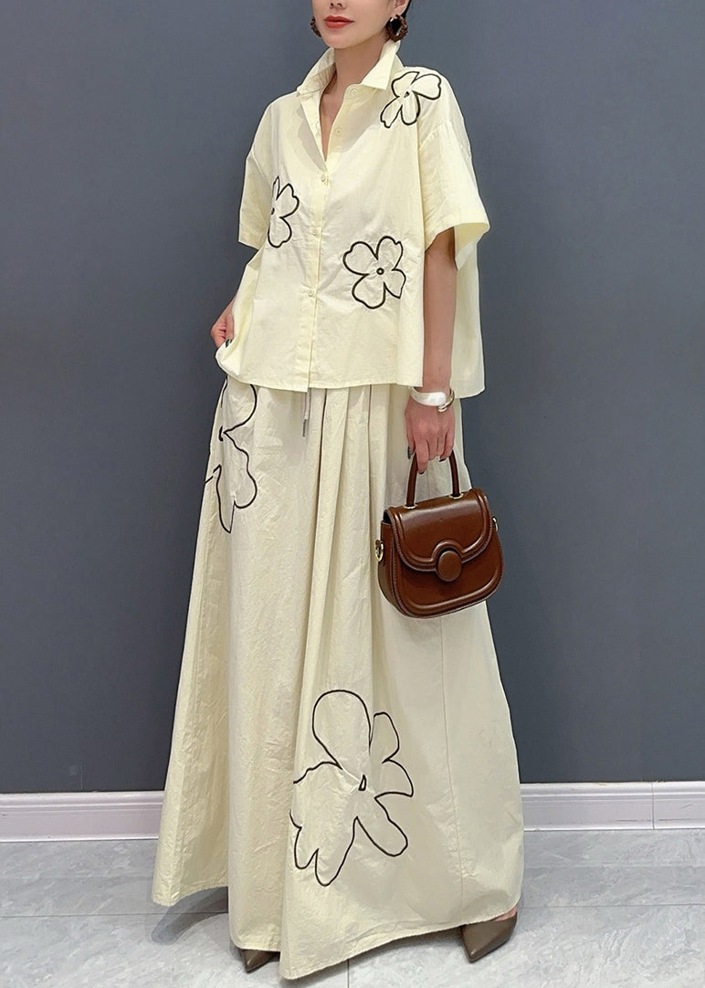 Cute Apricot Peter Pan Collar Button Shirts And Maxi Skirts Two Piece Set Summer AO1038 JDML-TPIEC240909