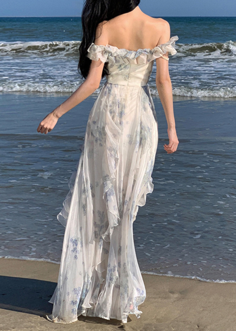 Fashion Ruffled Print Patchwork Chiffon Long Dresses Summer TT1020 shopify