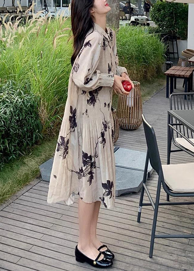 Style Lantern Dresses Chinese Collar Wrinkled Button Print Long FashionChic